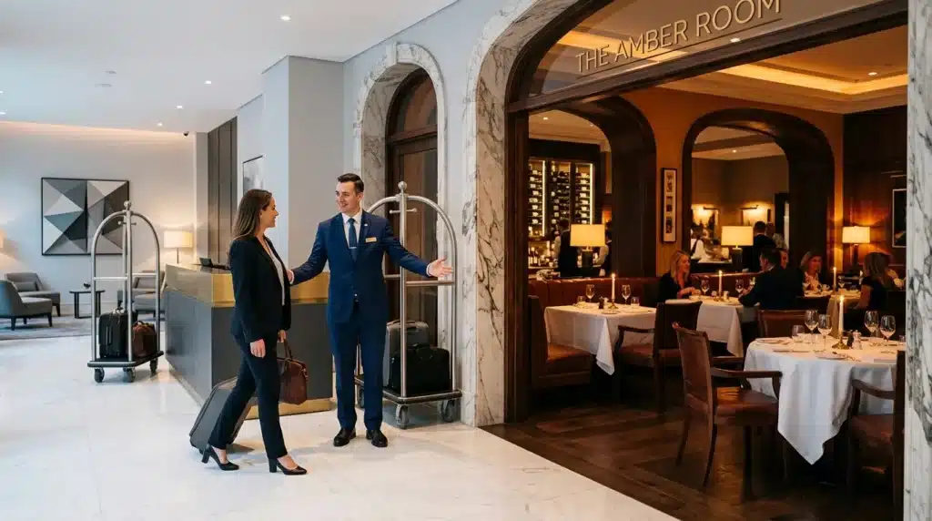 Concierge accueille cliente à l'entrée du restaurant gastronomique