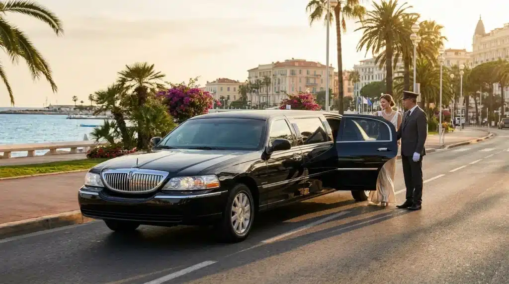 Limousine noire avec couple devant bâtiments côtiers méditerranéens