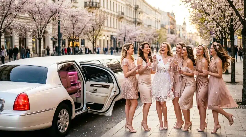 Femmes en robes roses célébrant près d'une limousine blanche