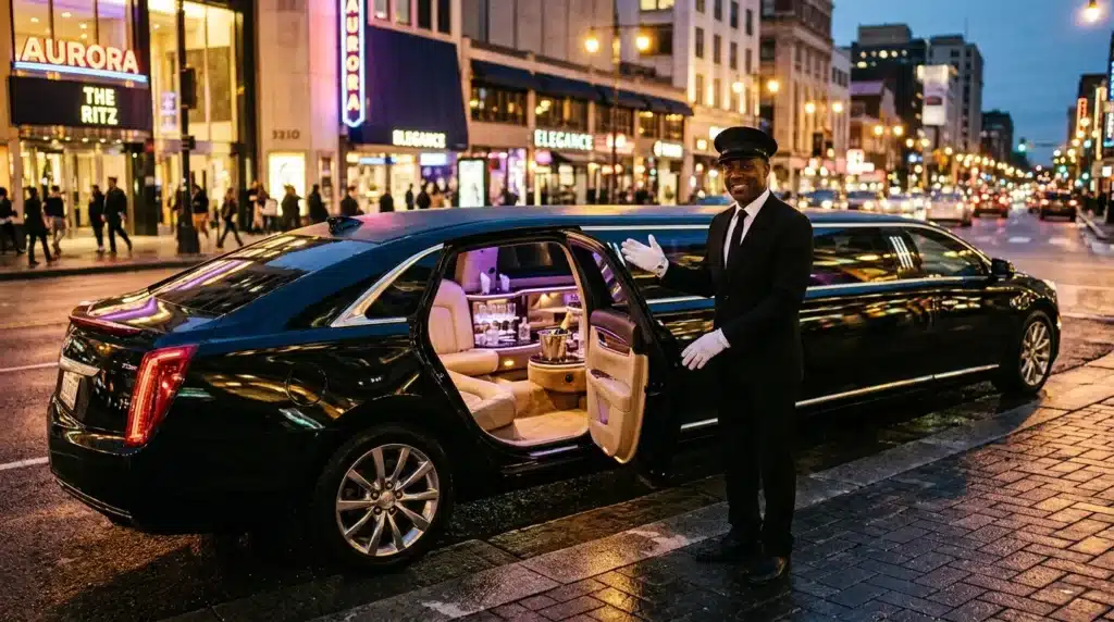 Chauffeur élégant devant limousine noire dans rue urbaine illuminée