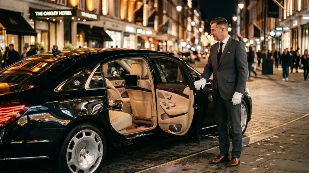 Homme en costume ouvrant portière d'une voiture noire de luxe