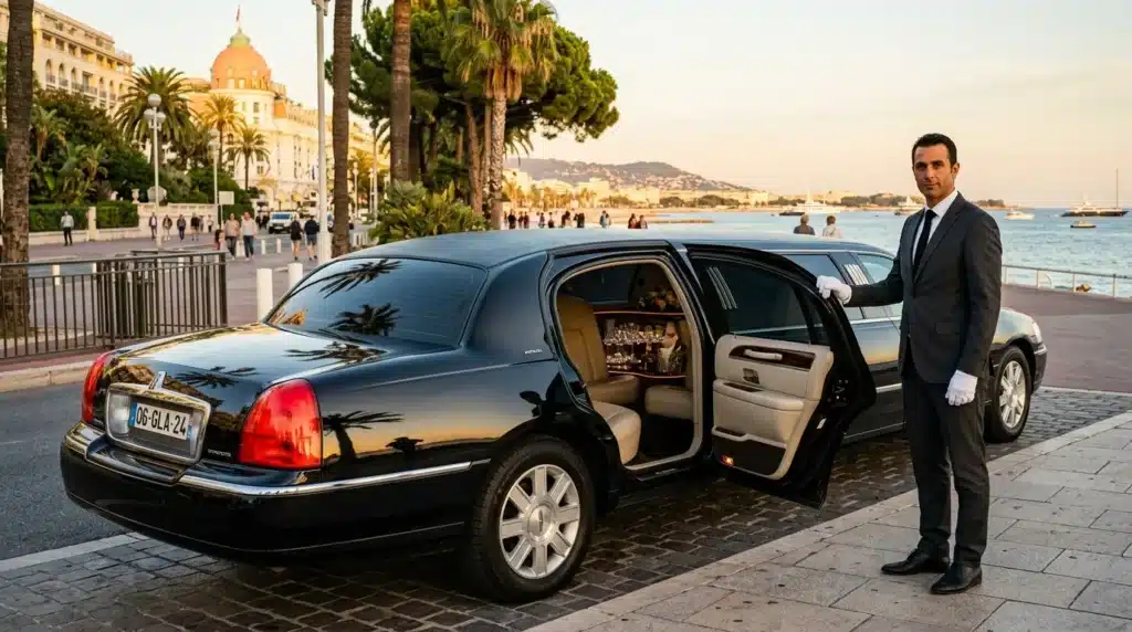 Chauffeur en costume près d'une limousine noire sur la Côte d'Azur