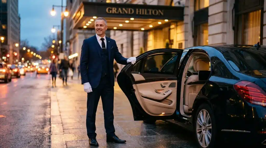 Portier en costume ouvrant porte voiture luxe