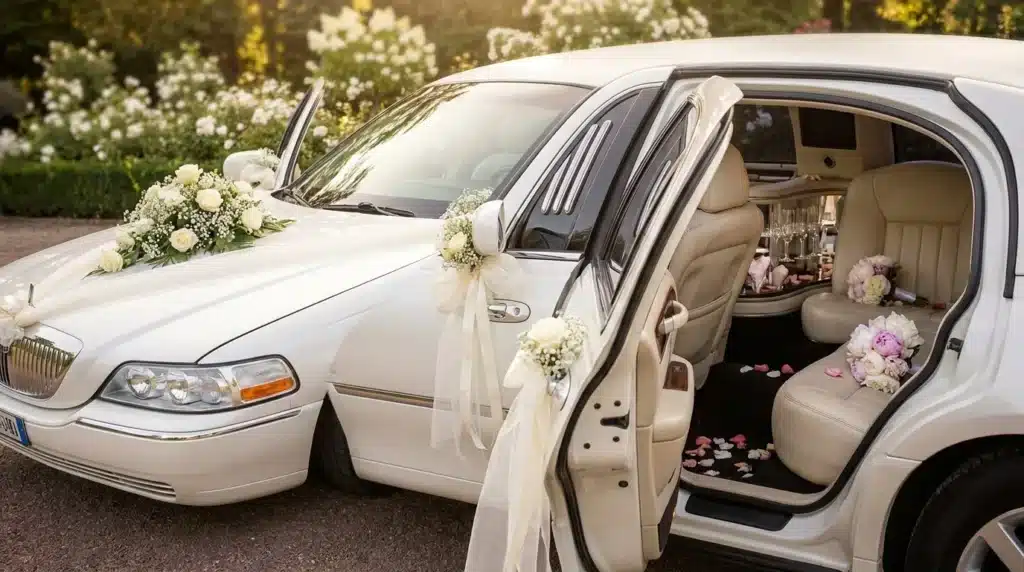 Limousines blanches décorées fleurs pour mariage