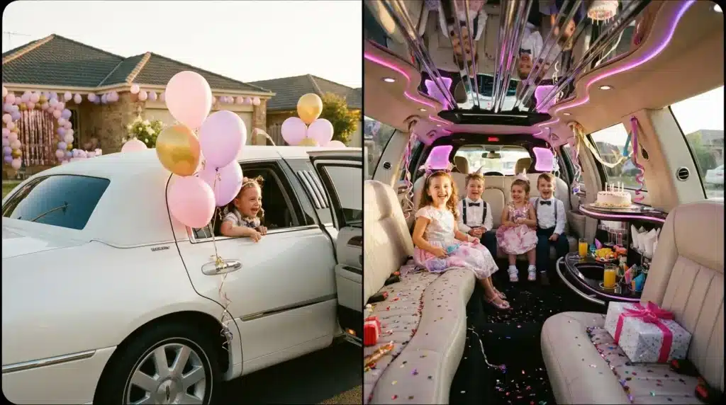 Enfants célébrant dans une limousine décorée de ballons roses