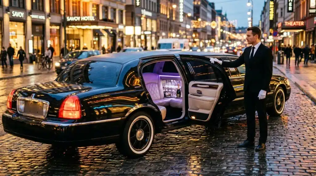 Chauffeur en costume ouvrant la porte d'une limousine noire
