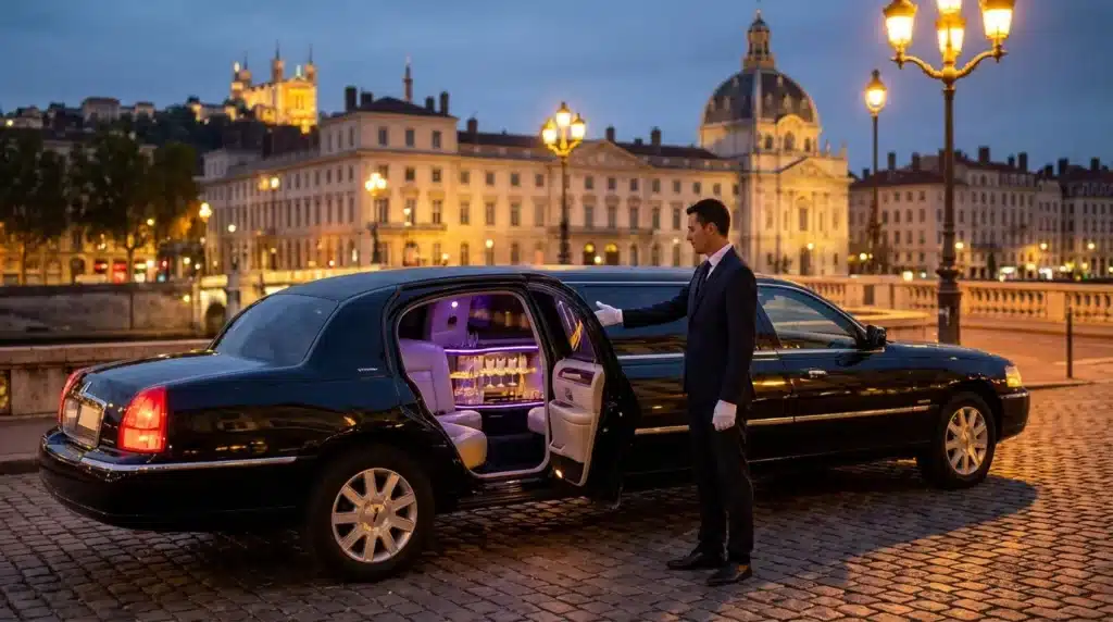 Homme en costume près d'une limousine noire, décor urbain nocturne