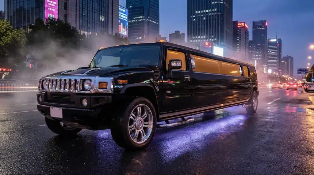 Limousine Hummer noire illuminée dans ville moderne
