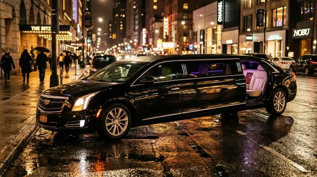 Limousine noire stationnée rue illuminée New York nuit