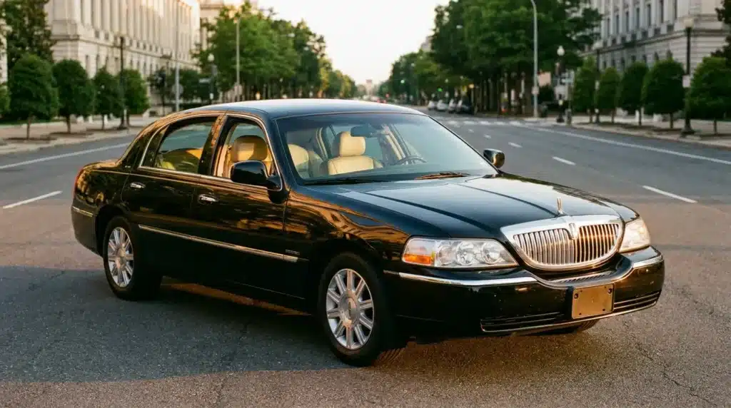 Limousine noire élégante stationnée avenue parisienne arborée