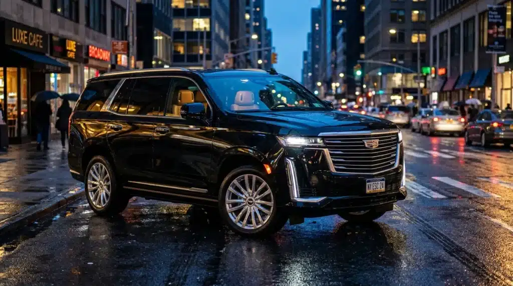SUV noir Cadillac Escalade sur rue mouillée New York