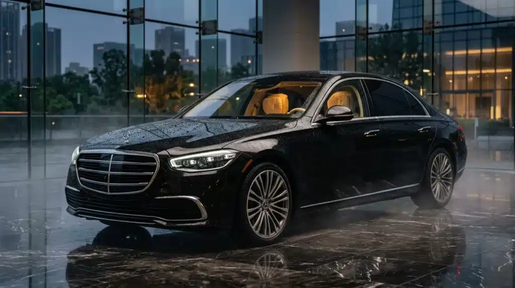 Berline Mercedes noire brillante, reflets pluie, immeubles modernes