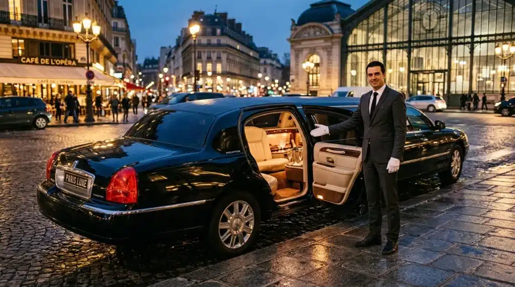 Chauffeur élégant pose devant limousine noire à Paris