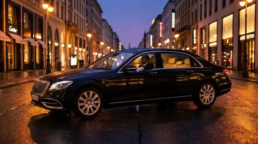 Voiture noire de luxe dans rue illuminée au crépuscule