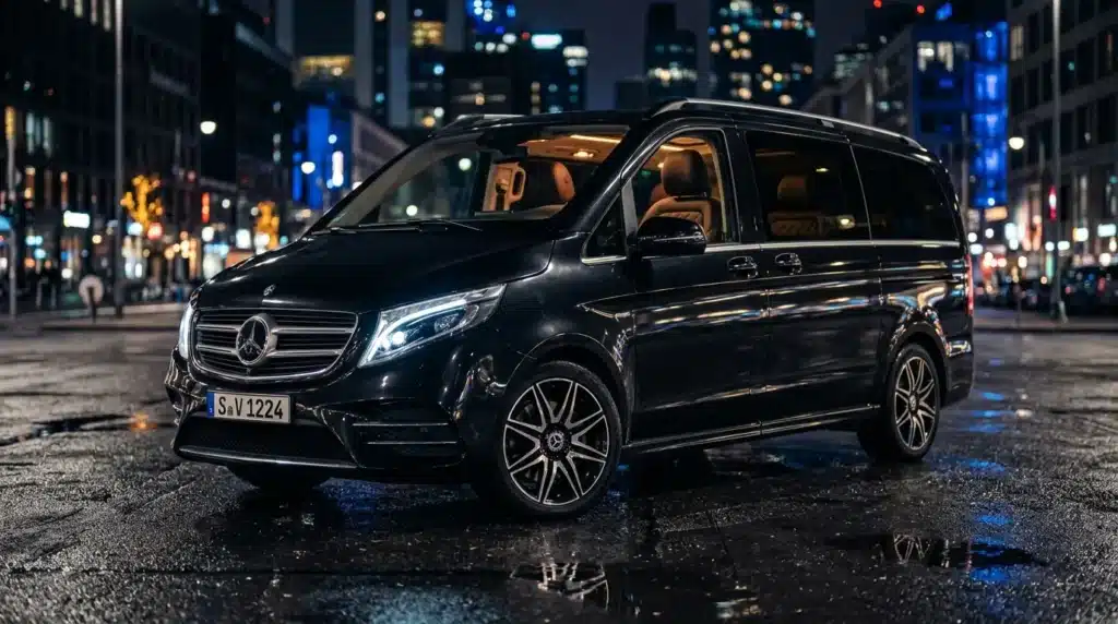 Mercedes noir luxe stationnée rue ville illuminée nuit