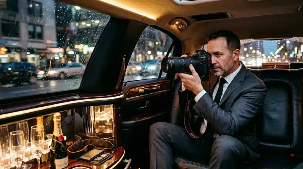 Homme en costume photographiant la ville depuis une limousine