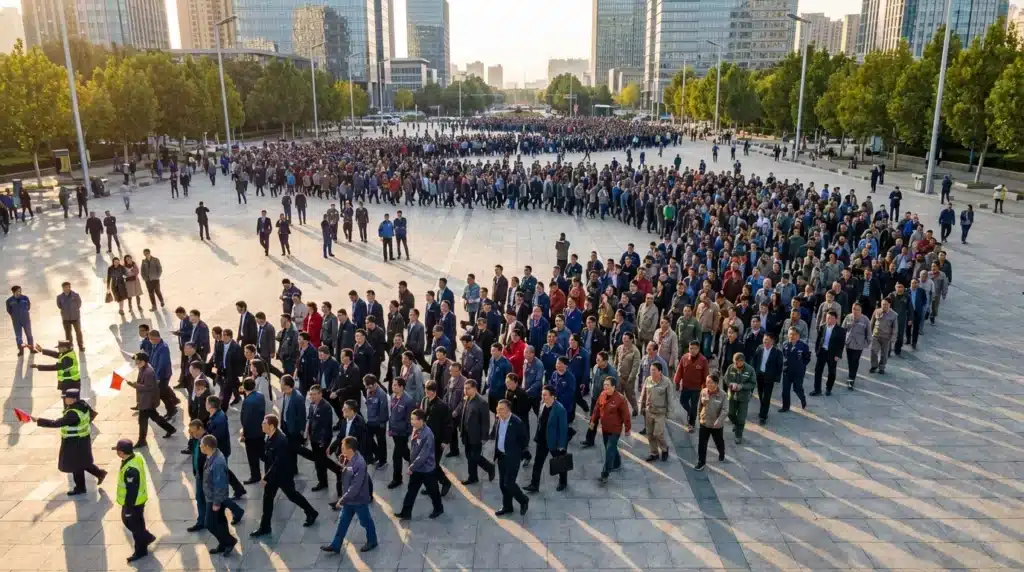 Milliers de personnes réunies sur une grande place urbaine.
