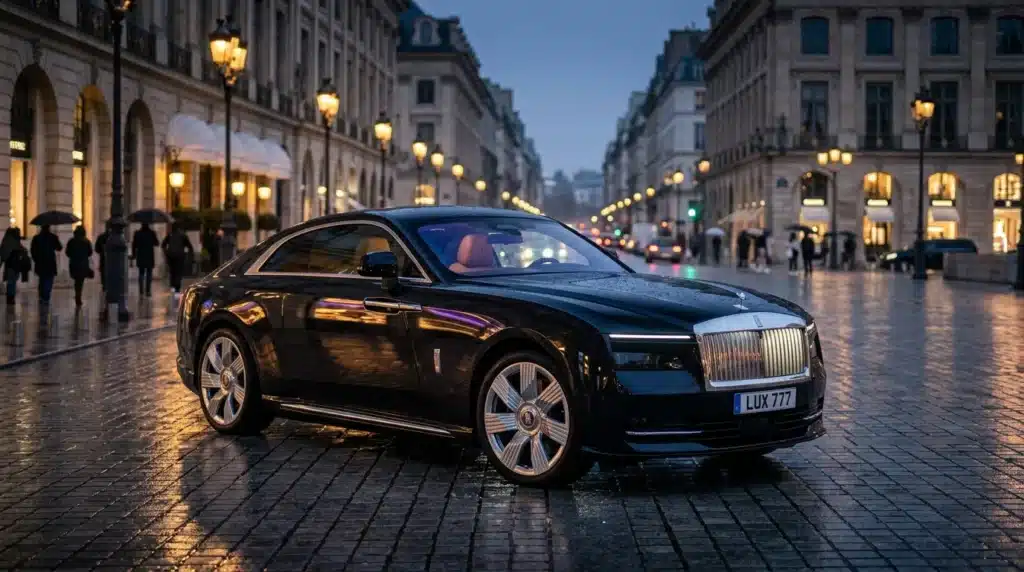 Luxueuse Rolls-Royce noire sur avenue parisienne illuminée