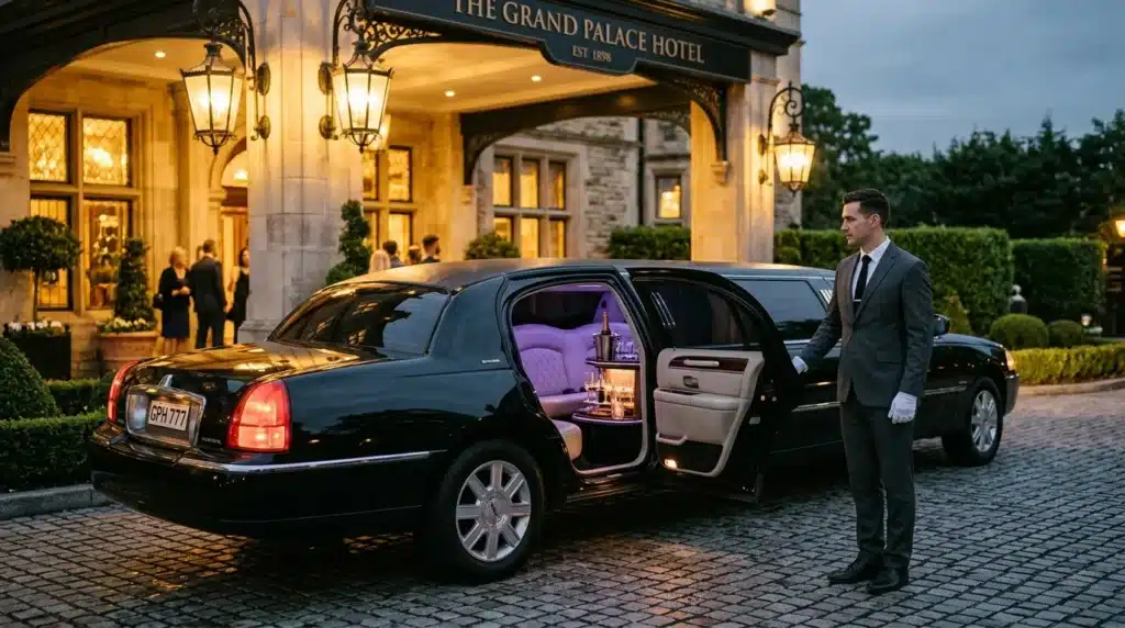 Chauffeur attend près limousine noire devant hôtel luxueux