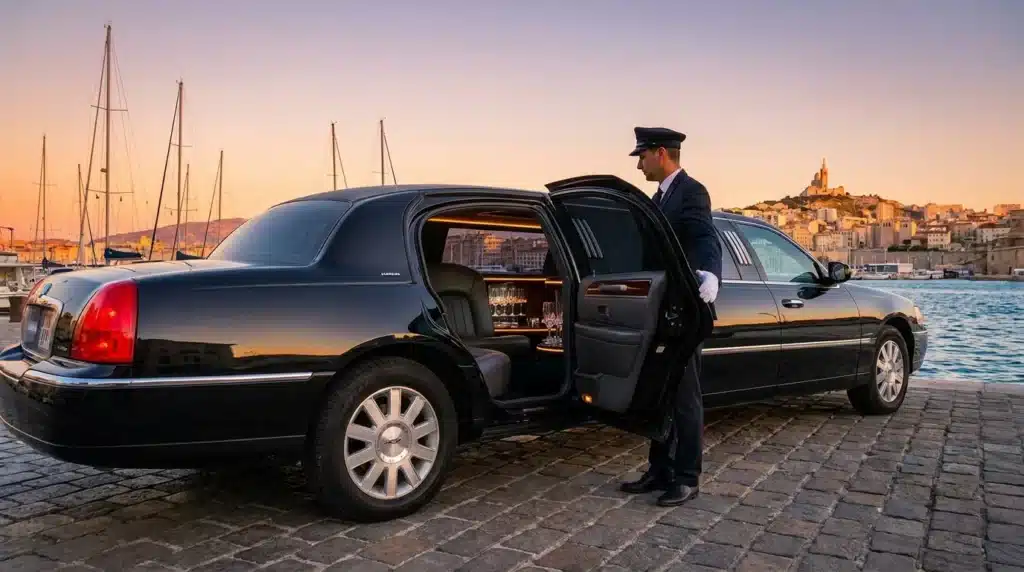 Chauffeur en uniforme ouvrant porte limousine noire au port