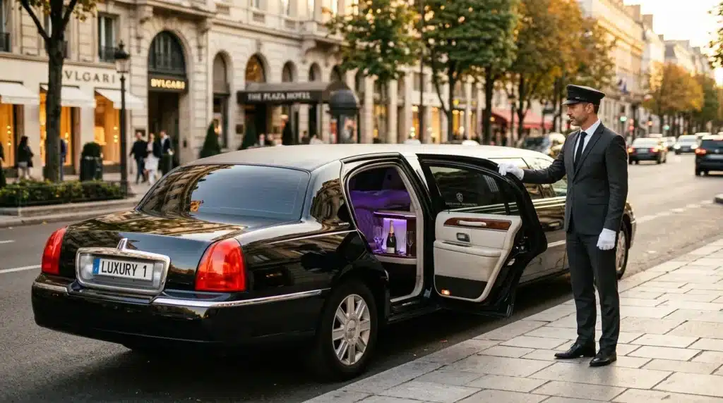 Chauffeur élégant ouvre porte limousine noire dans rue parisienne.