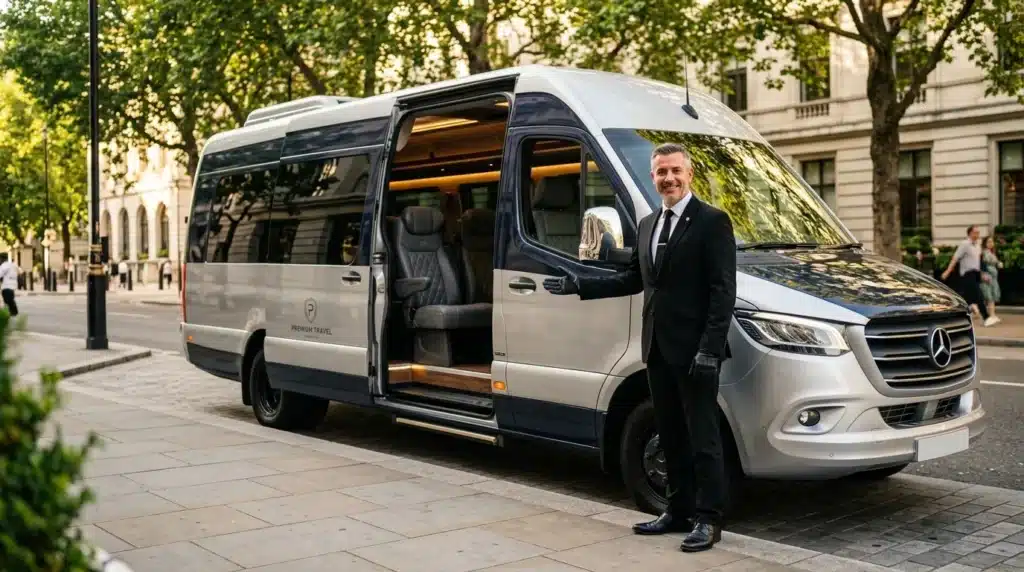 Chauffeur professionnel devant van Mercedes luxe blanc
