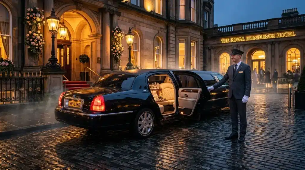 Limousine noire devant hôtel de luxe avec portier