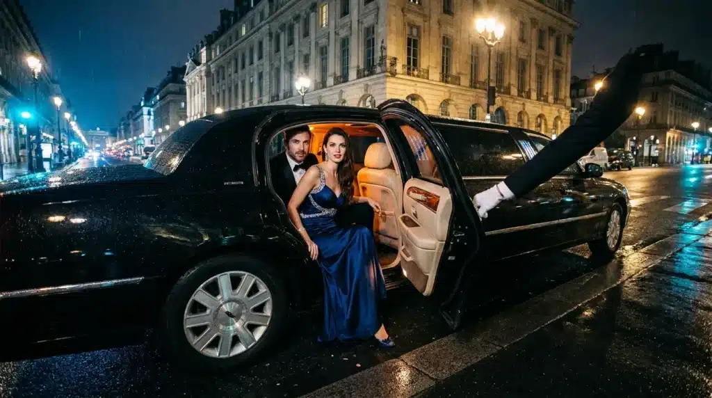 Couple élégant dans une limousine noir à Paris la nuit