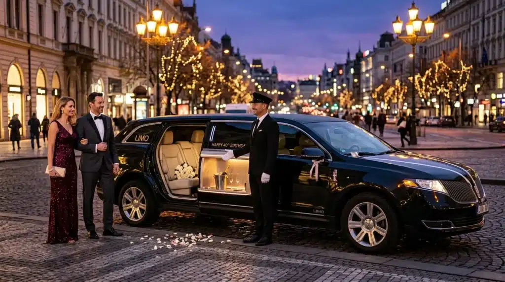 Couple en tenue de gala devant une limousine avec chauffeur