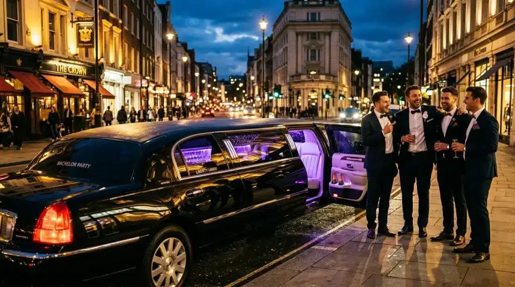 Quatre hommes en costume près d'une limousine noire luxueuse illuminée