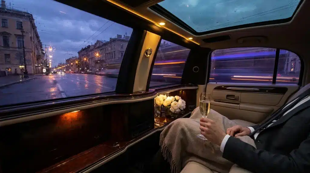 Couple dans limousine de luxe observant la ville illuminée
