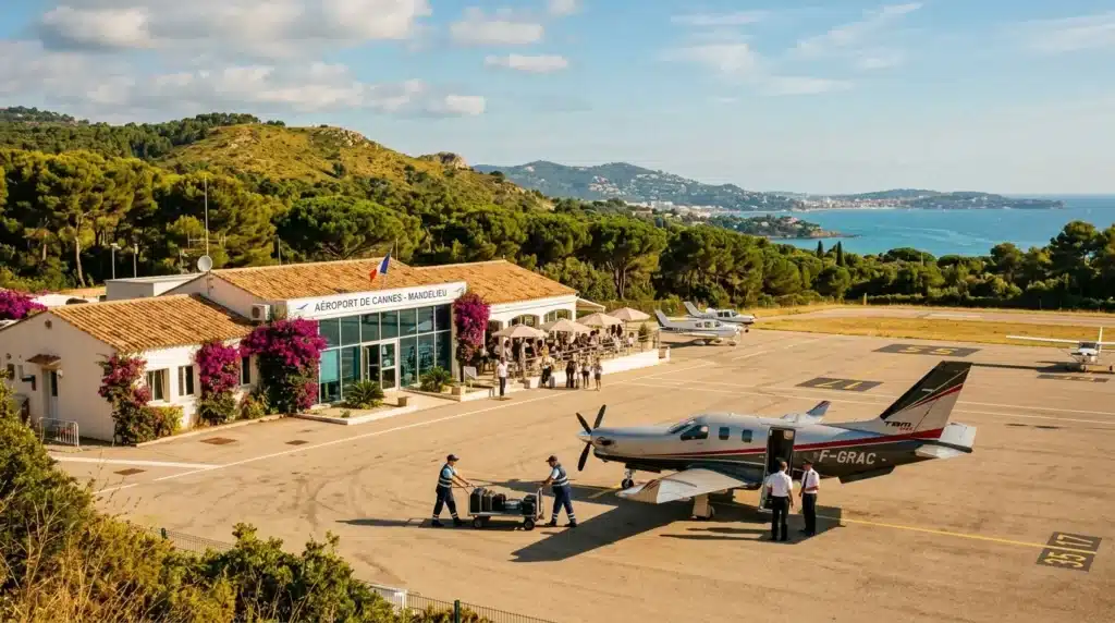 Avion à l'aéroport avec terminal et côte méditerranéenne
