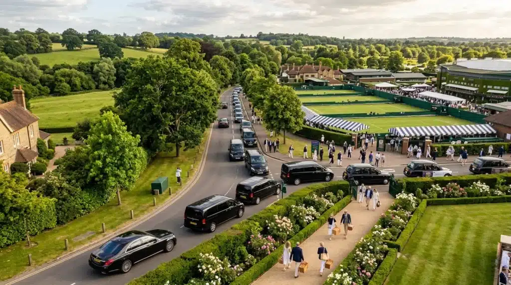 Convoi de voitures noires devant le court de tennis verdoyant Wimbledon