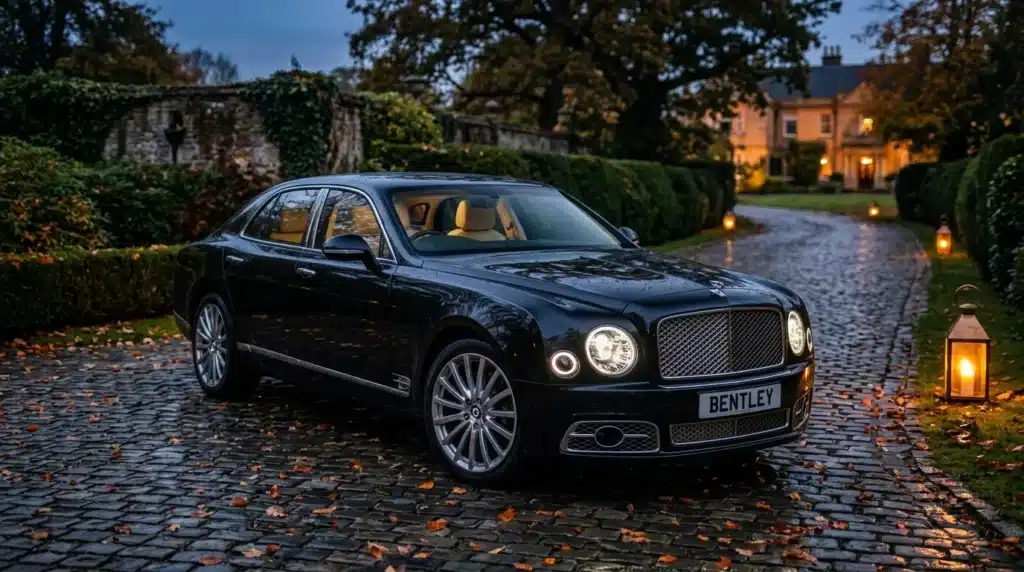 Bentley noire luxueuse sur allée pavée historique