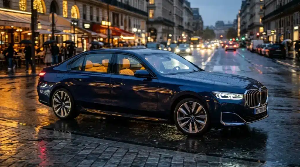 Berline BMW noire avec intérieur doré sur rue mouillée citadine