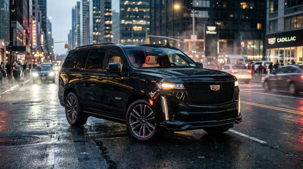 SUV noir Cadillac Escalade V sur rue urbaine illuminée