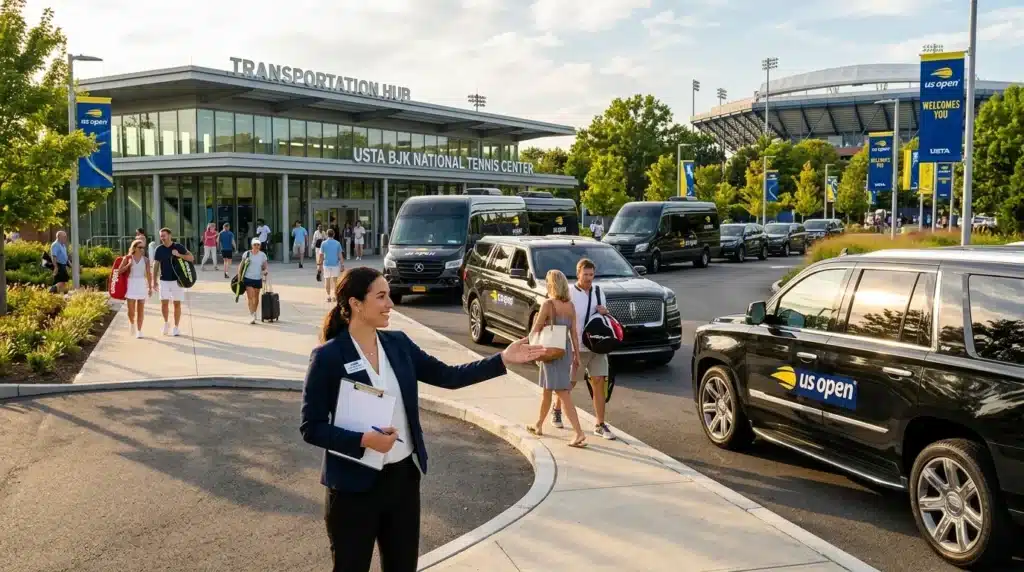 Hôtesse accueillant visiteurs devant centre tennis US Open