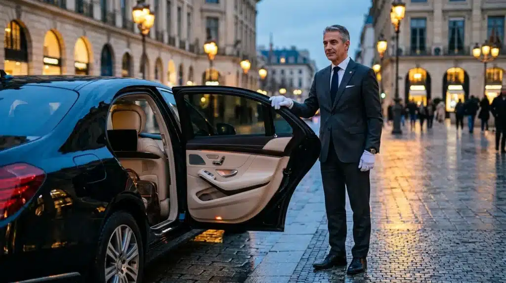 Chauffeur en costume ouvre portière voiture luxe Paris
