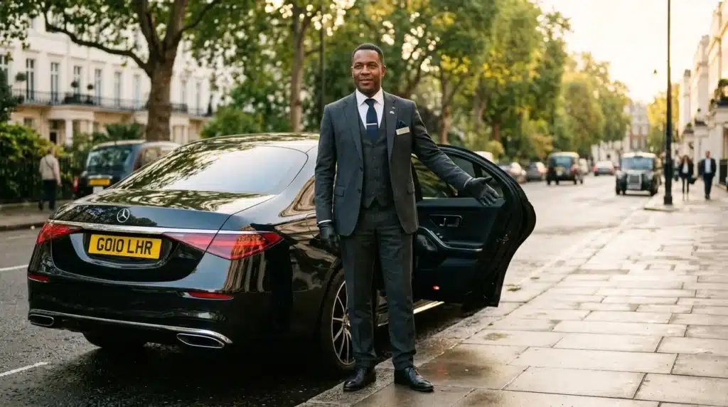Homme en costume noir posant près d'une Mercedes noire