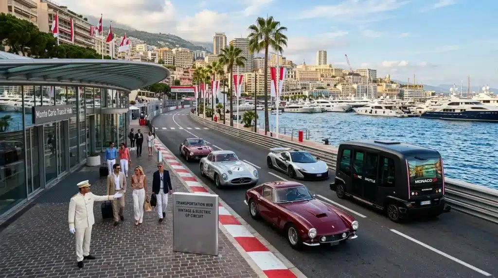 Voitures de luxe et vintage circulant sur circuit routier portuaire