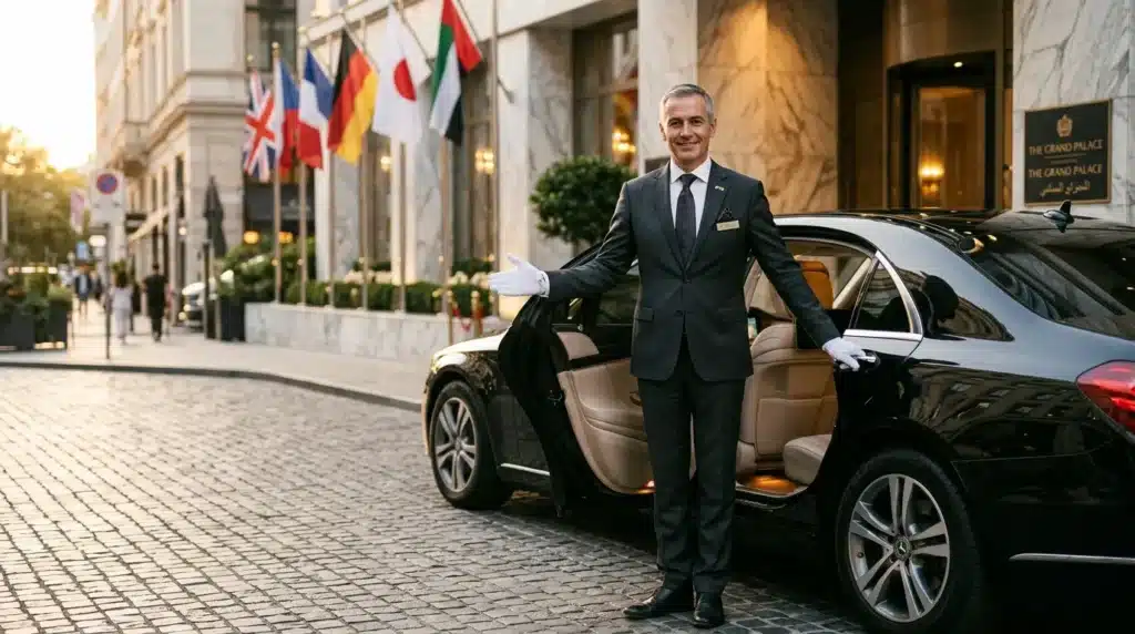 Homme en costume noir près voiture luxe devant palace