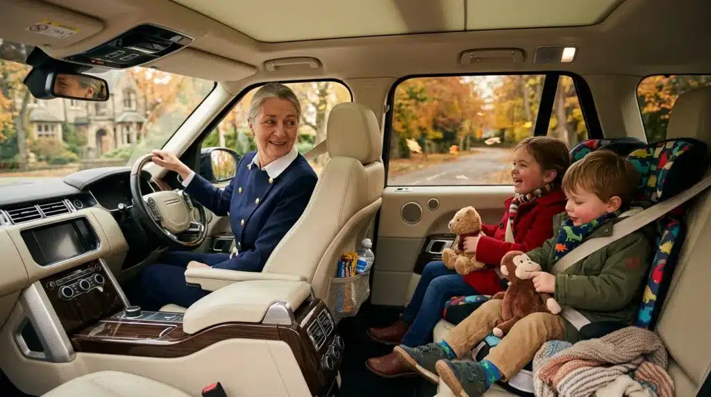 Femme conduisant avec trois enfants heureux en voiture
