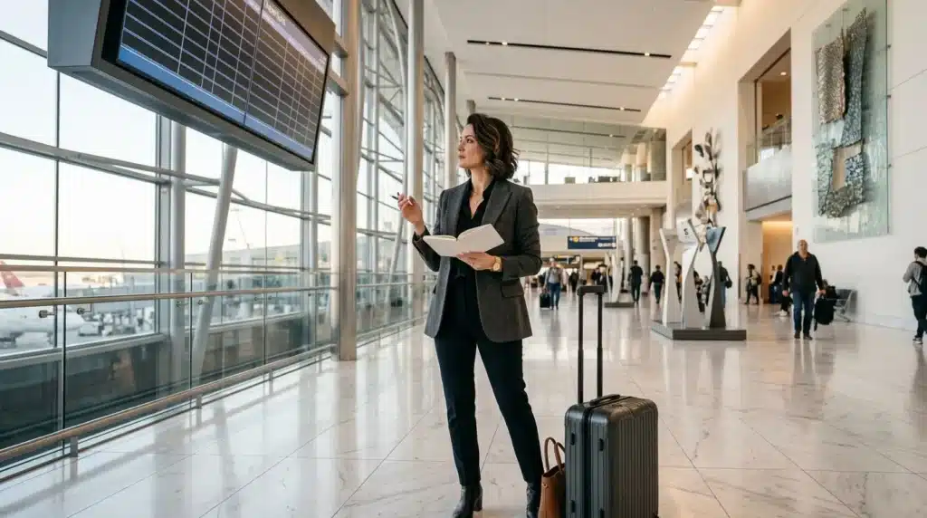 Femme d'affaires avec valise et documents terminal aéroport