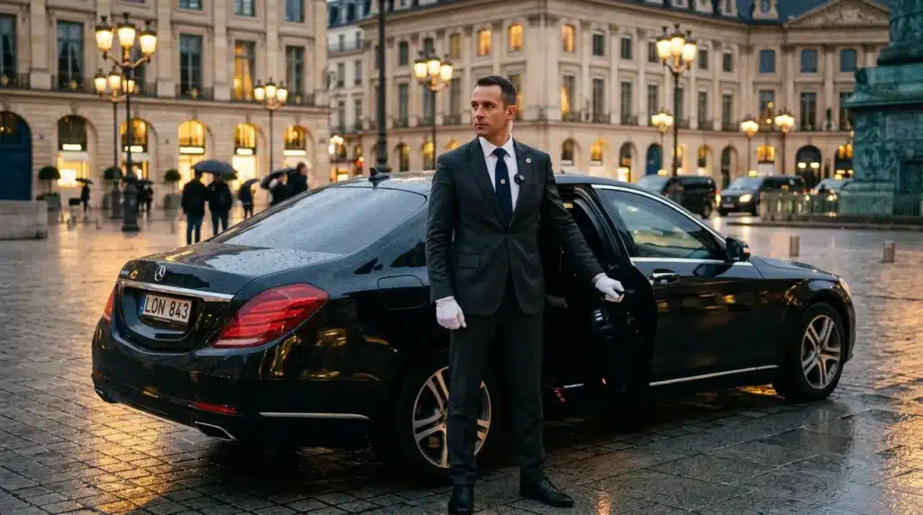 Agent de sécurité devant Mercedes noire à Paris