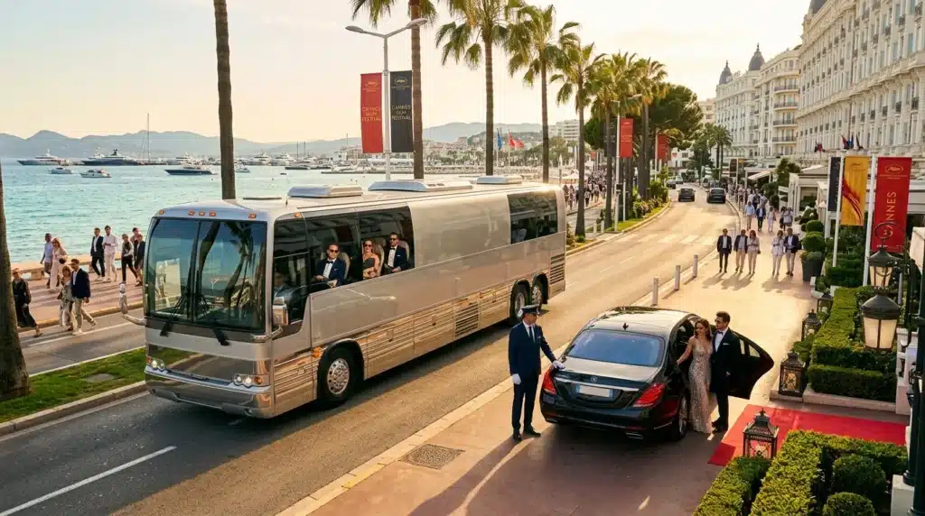 Limousine et bus de luxe sur la Croisette à Cannes