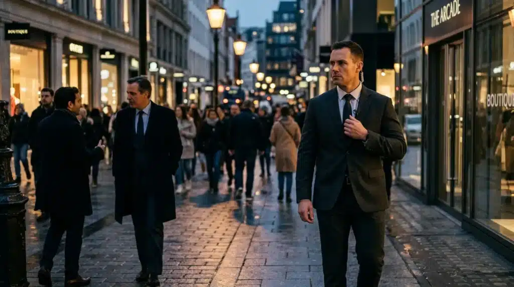 Homme en costume noir marche dans rue piétonne illuminée le soir
