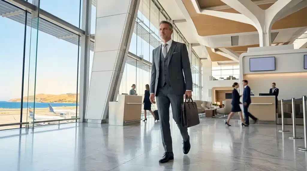 Homme en costume marche dans terminal aéroport moderne avec vue mer