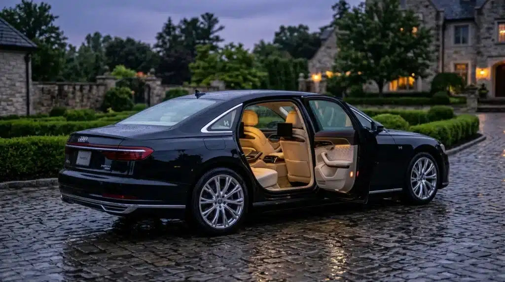 Berline noire luxe porte ouverte, intérieur cuir doré, allée pavée.