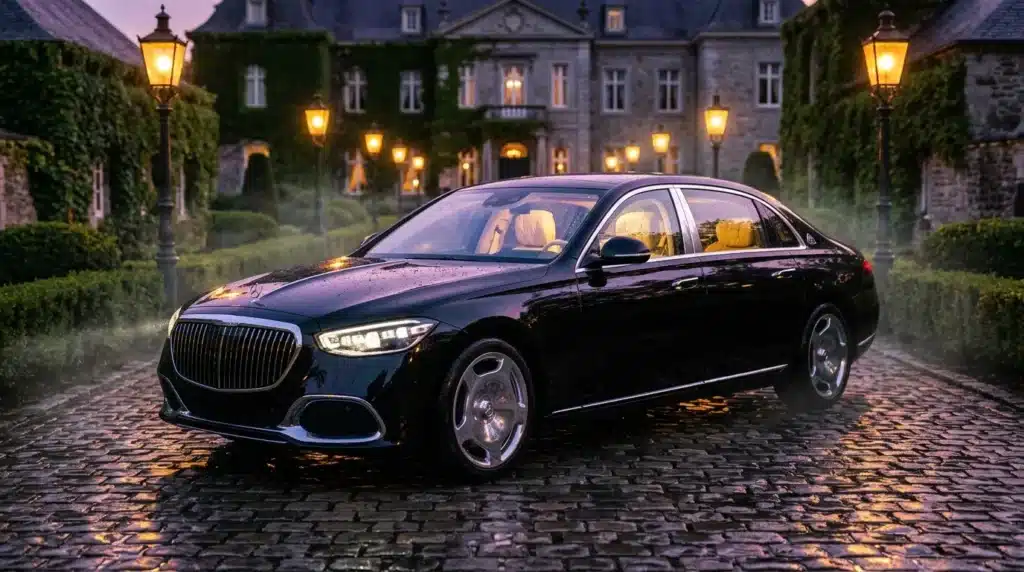 Voiture noire luxe illuminée devant château la nuit