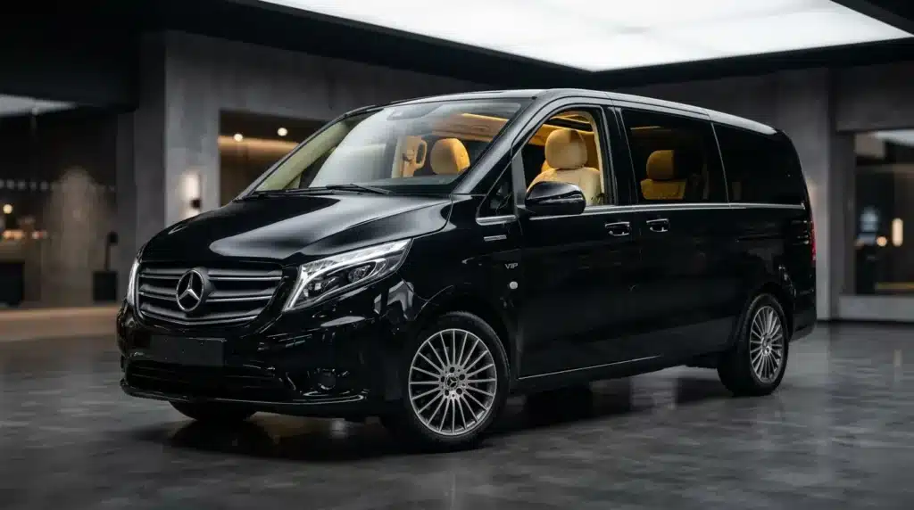 Monospace Mercedes noir avec intérieur beige dans parking souterrain